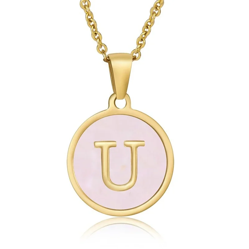 Refined 18K Gold-Plated Round Shell Initial Pendant Necklace - Gold U