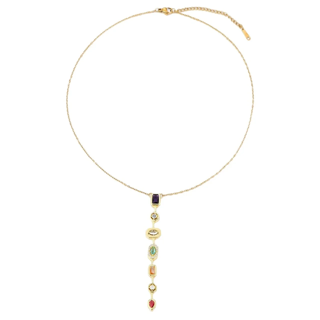 Pendant Necklace: Seven Geometric Crystal Stations, Stainless Steel