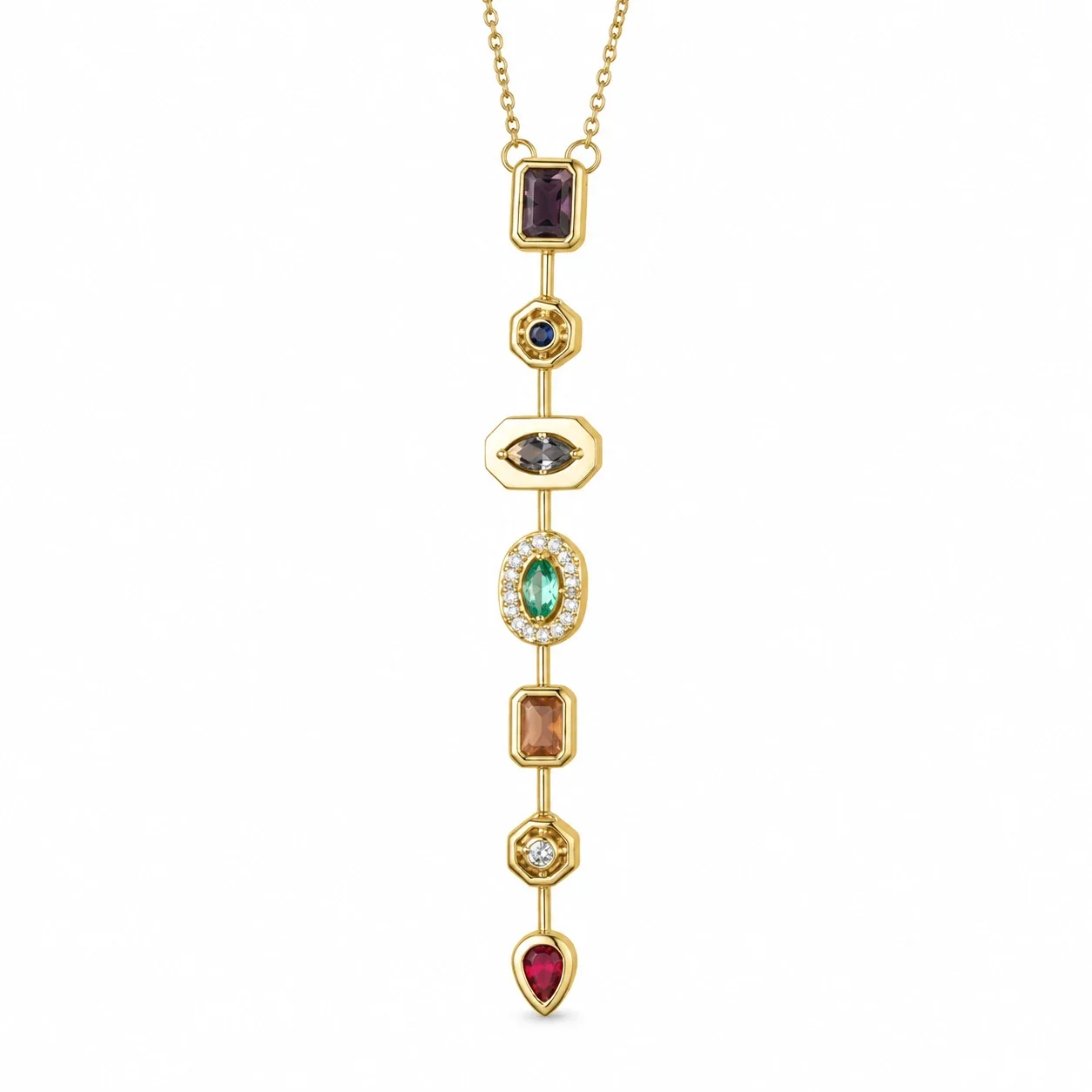 Foto prodotto: Pendant Necklace: Seven Geometric Crystal Stations, Stainless Steel
