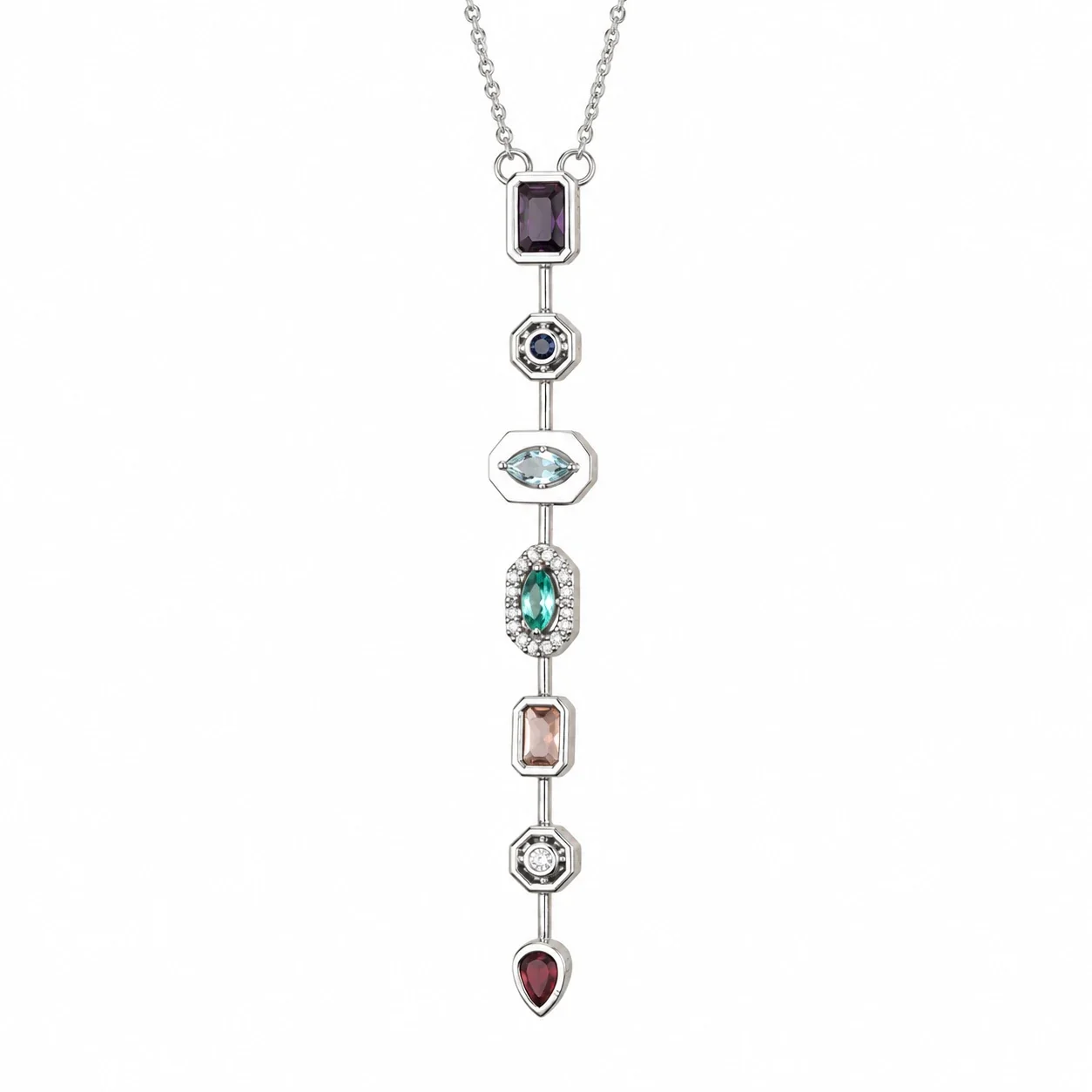 Foto prodotto: Pendant Necklace: Seven Geometric Crystal Stations, Stainless Steel