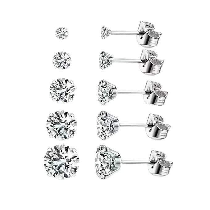 Refined Stainless Steel Round CZ Stud Earrings
