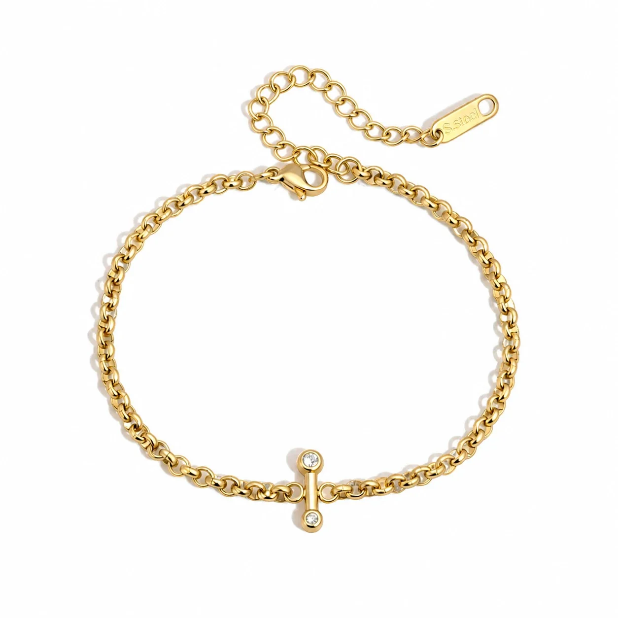 Delicate 18K Gold-Plated Rolo Chain CZ Toggle Bracelet