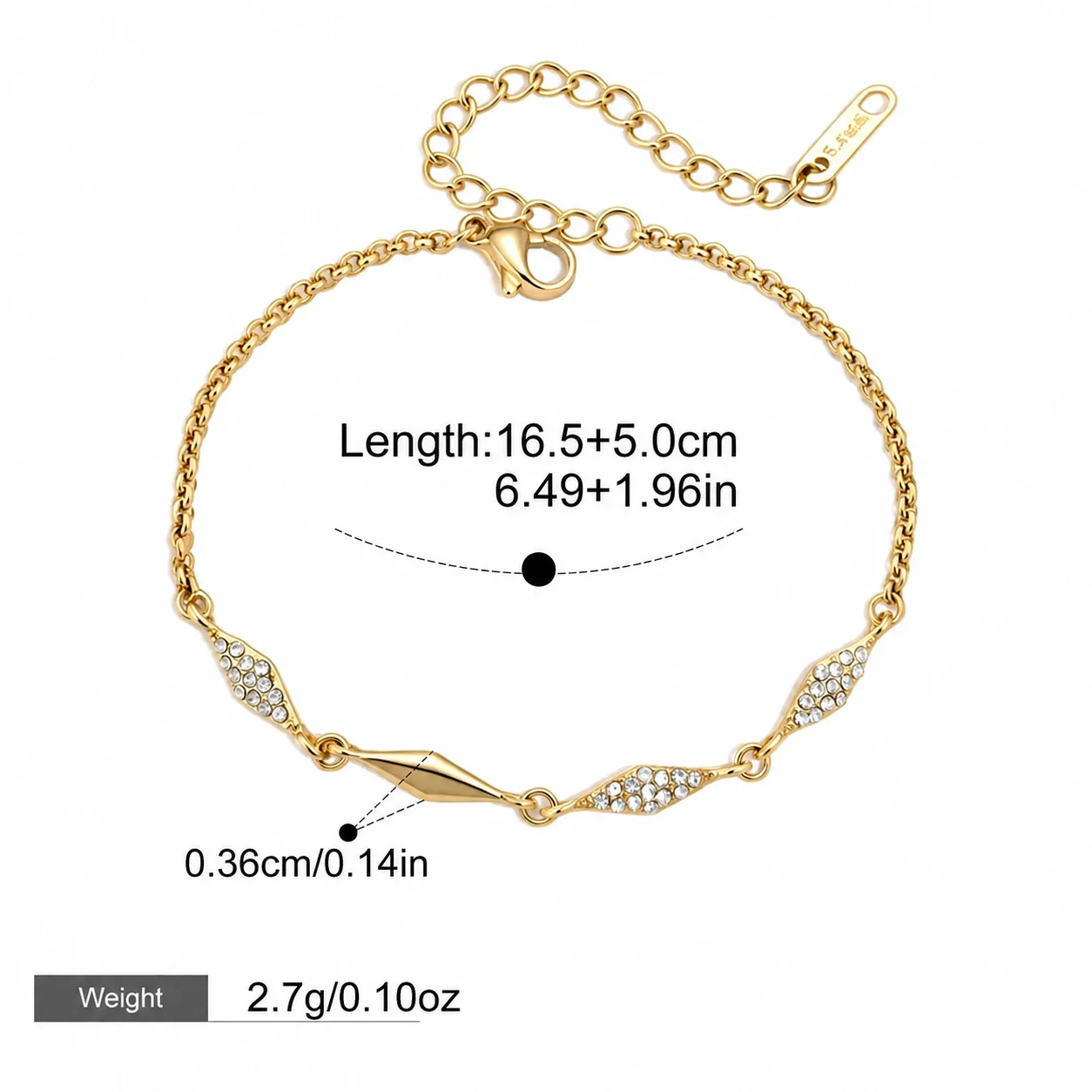Delicate 18K Gold-Plated Rolo Chain CZ Toggle Bracelet - Gold Marquise Link