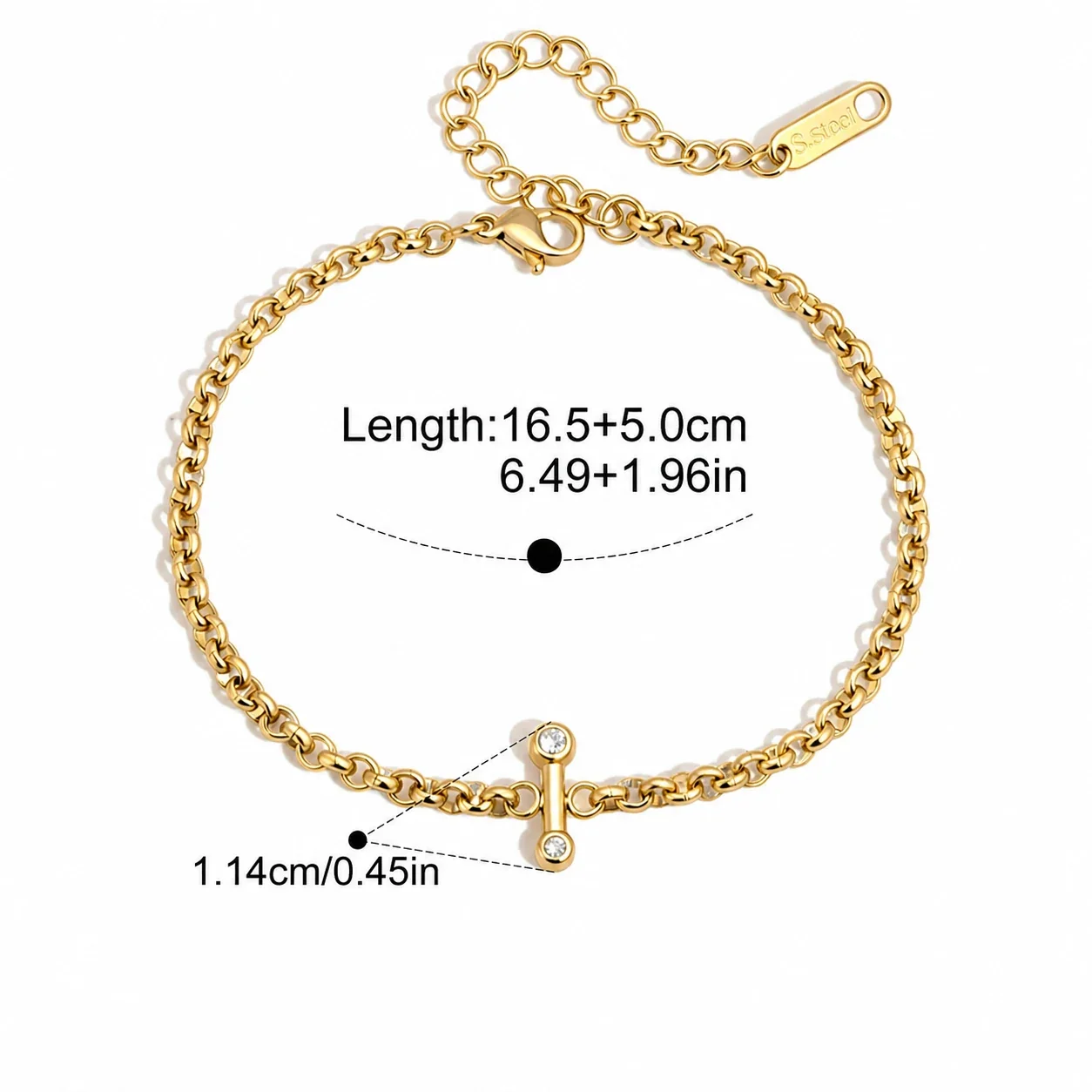 Delicate 18K Gold-Plated Rolo Chain CZ Toggle Bracelet - Gold Sunburst Disc