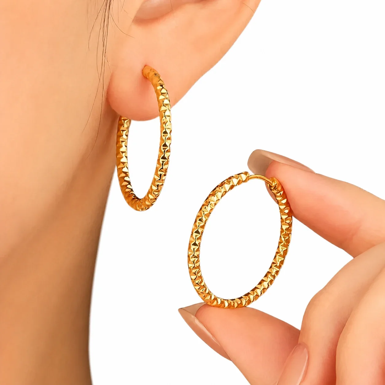 Faceted 316 Stainless Steel Textured Hoop Earrings