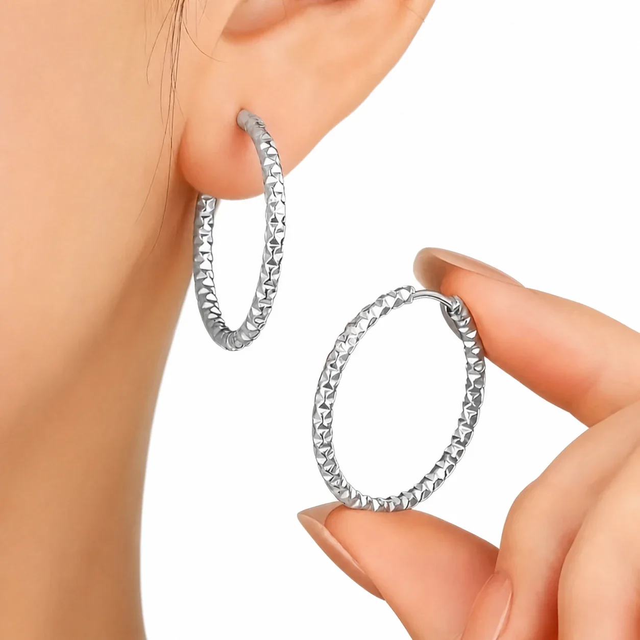 Faceted 316 Stainless Steel Textured Hoop Earrings