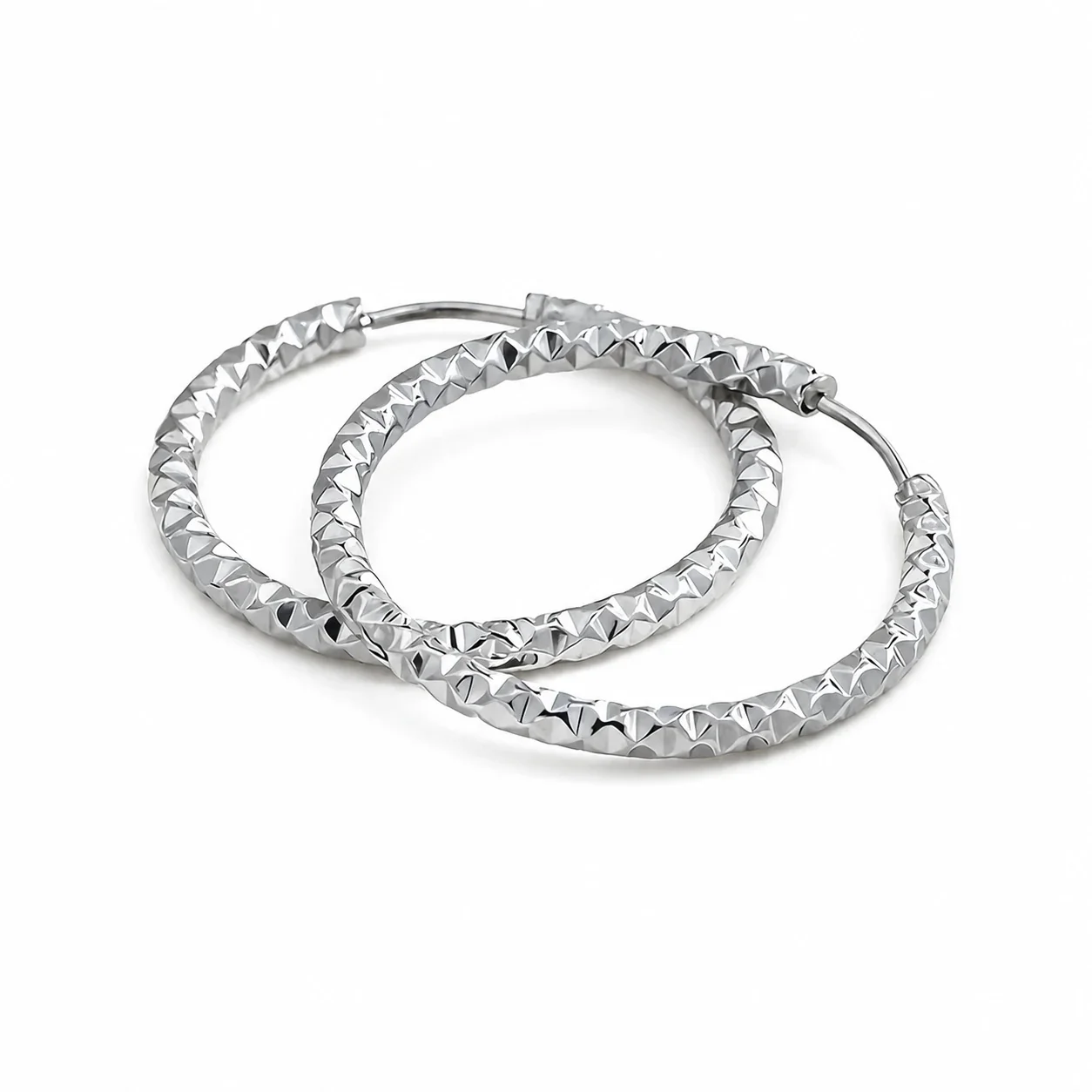 Faceted 316 Stainless Steel Textured Hoop Earrings - Silver