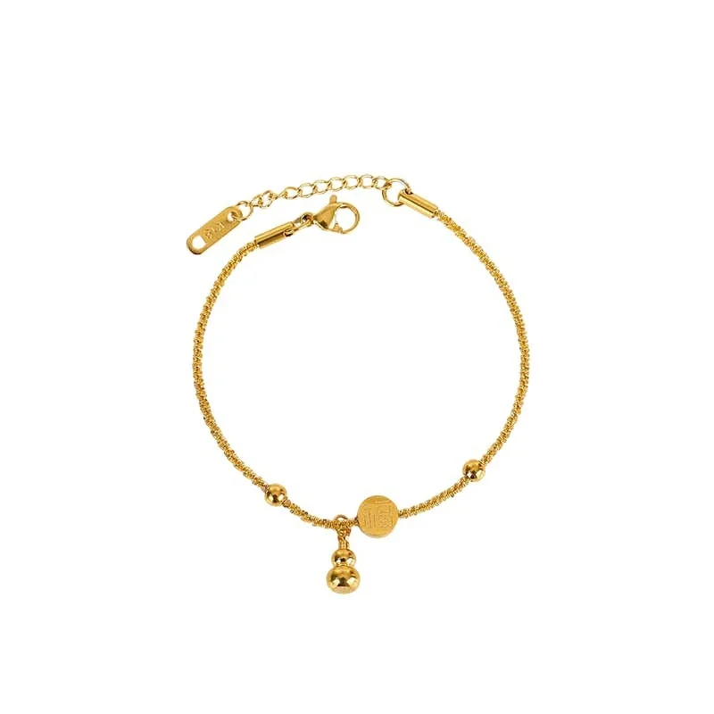 Gourd Charm Bracelet with Fortune Disc, 18K Gold-Plated Steel