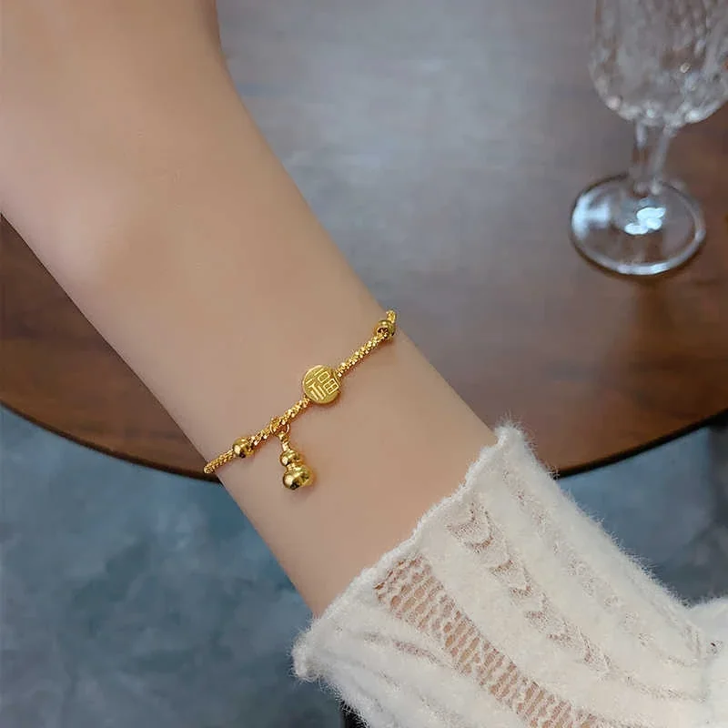 Gourd Charm Bracelet with Fortune Disc, 18K Gold-Plated Steel
