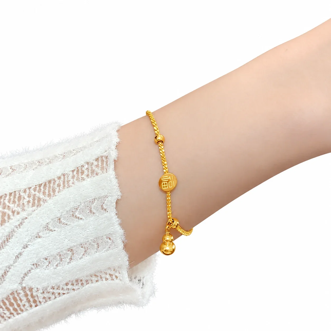 Gourd Charm Bracelet with Fortune Disc, 18K Gold-Plated Steel