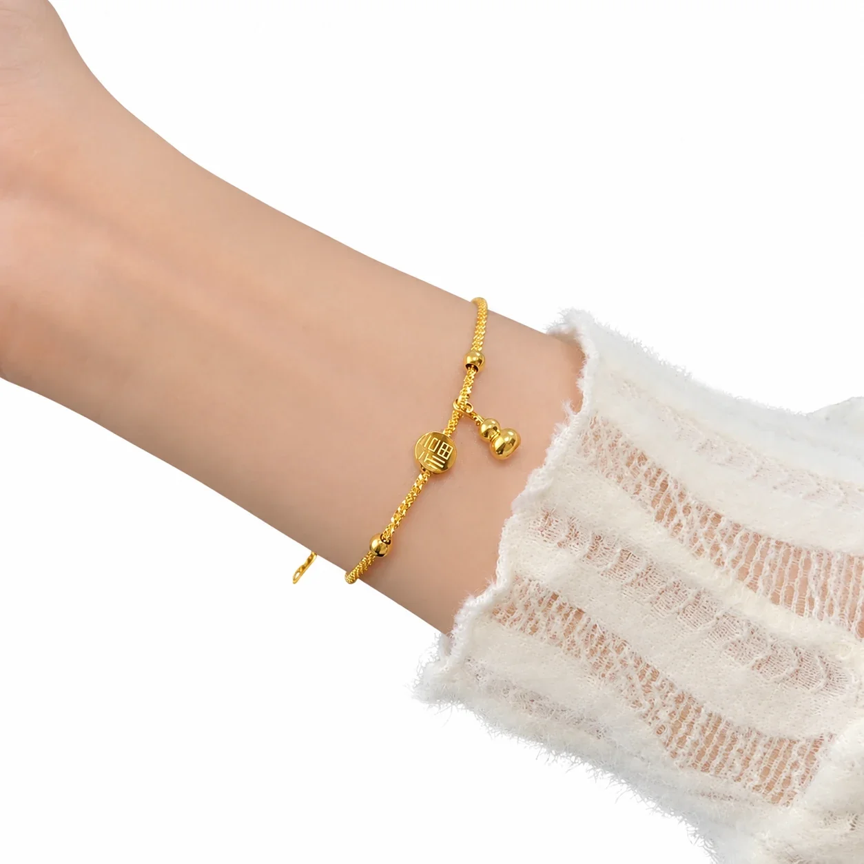 Gourd Charm Bracelet with Fortune Disc, 18K Gold-Plated Steel