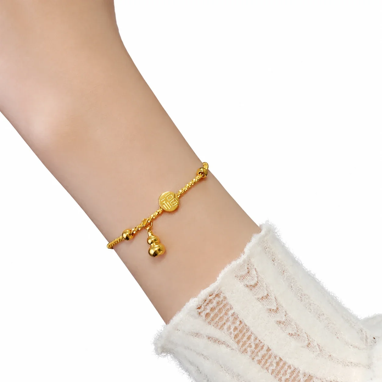 Gourd Charm Bracelet with Fortune Disc, 18K Gold-Plated Steel - Gold