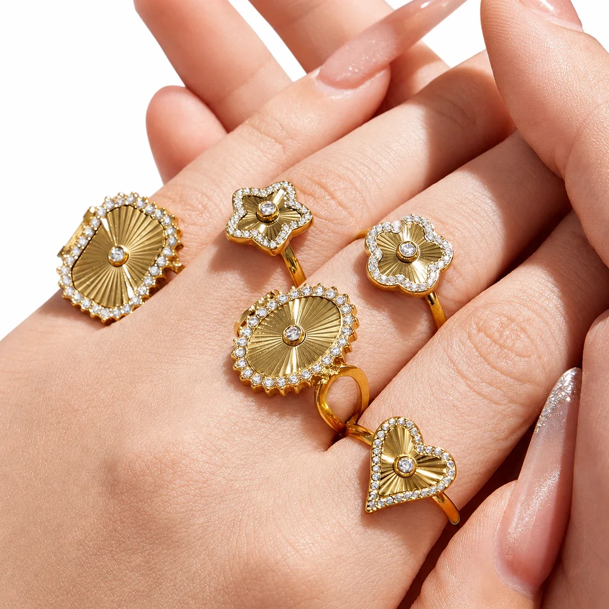Radiant 18K Gold-Plated Ribbed Motif CZ Open Ring