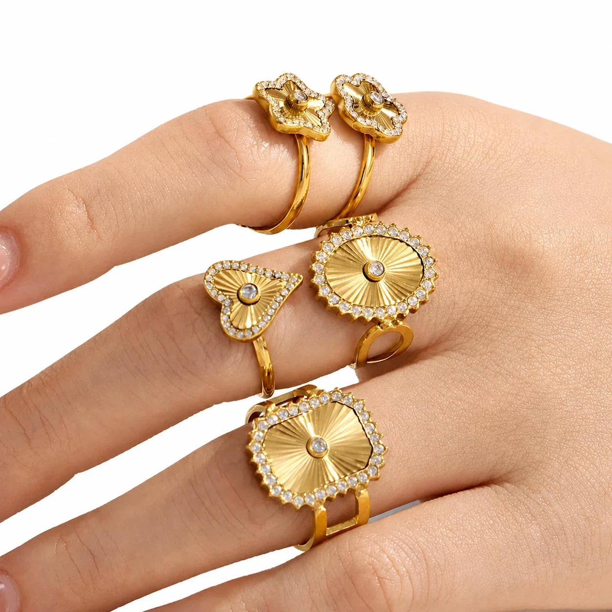 Radiant 18K Gold-Plated Ribbed Motif CZ Open Ring