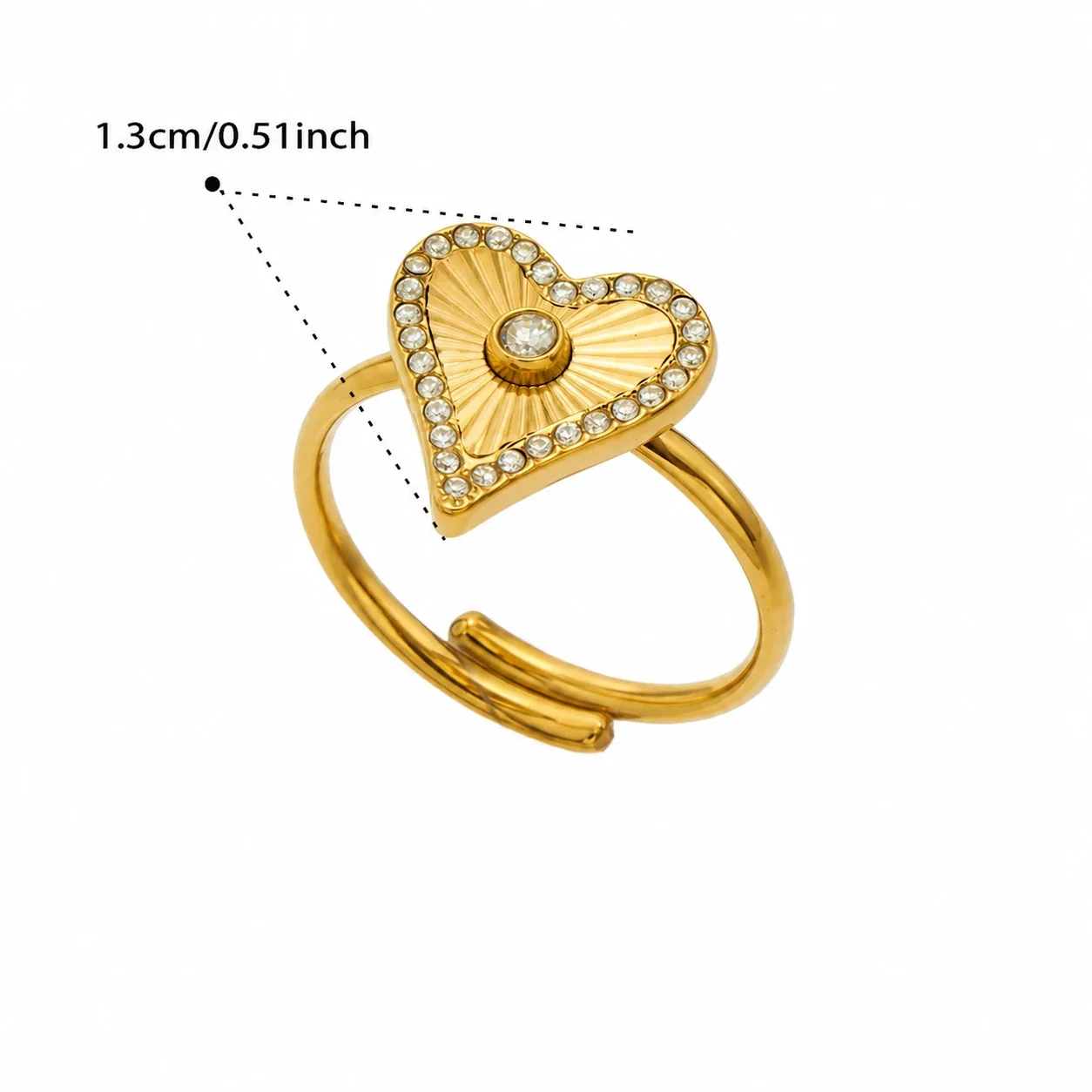 Radiant 18K Gold-Plated Ribbed Motif CZ Open Ring - Gold Heart CZ Open