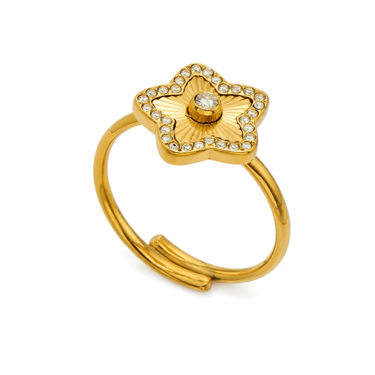 Radiant 18K Gold-Plated Ribbed Motif CZ Open Ring - Gold Star CZ Open