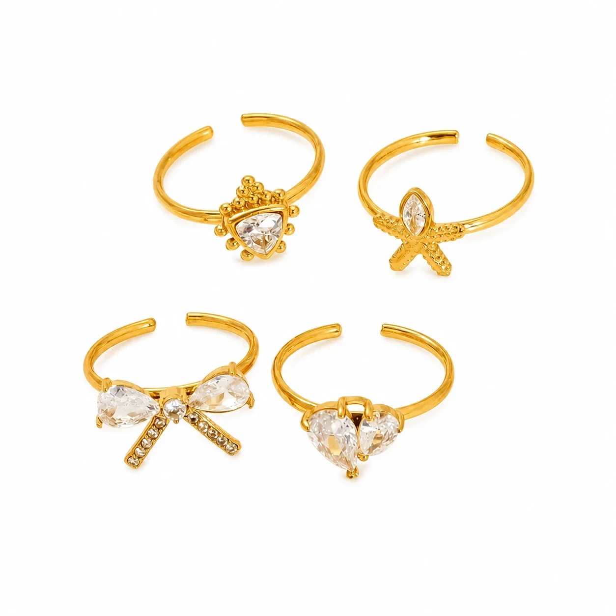 Delicate Gold-Plated Stainless Steel Bow Pear-Cut CZ Ring