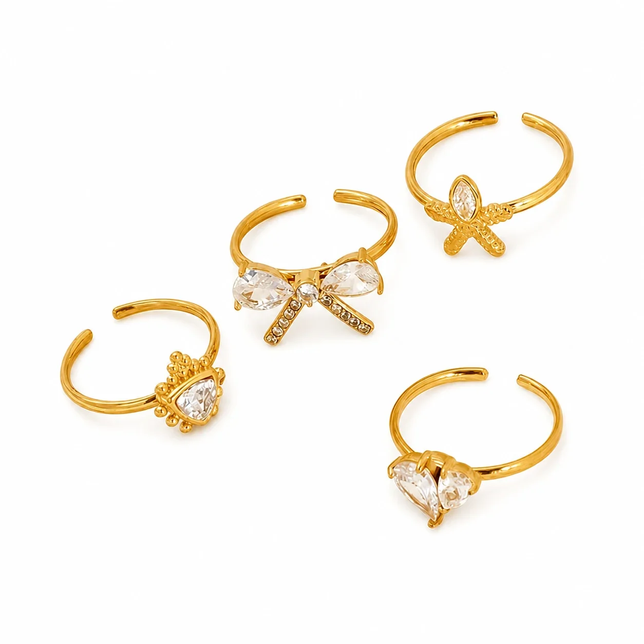 Delicate Gold-Plated Stainless Steel Bow Pear-Cut CZ Ring