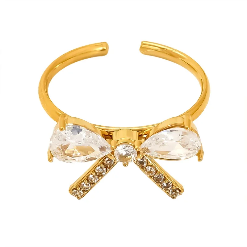 Delicate Gold-Plated Stainless Steel Bow Pear-Cut CZ Ring