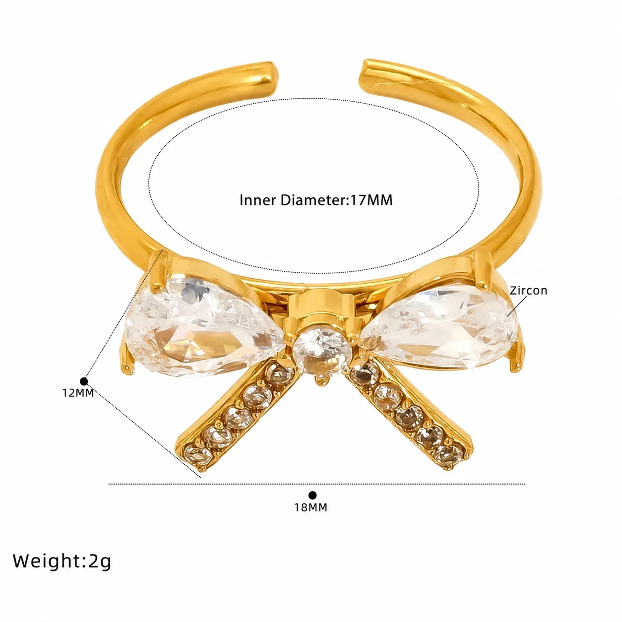 Delicate Gold-Plated Stainless Steel Bow Pear-Cut CZ Ring - Gold Bow
