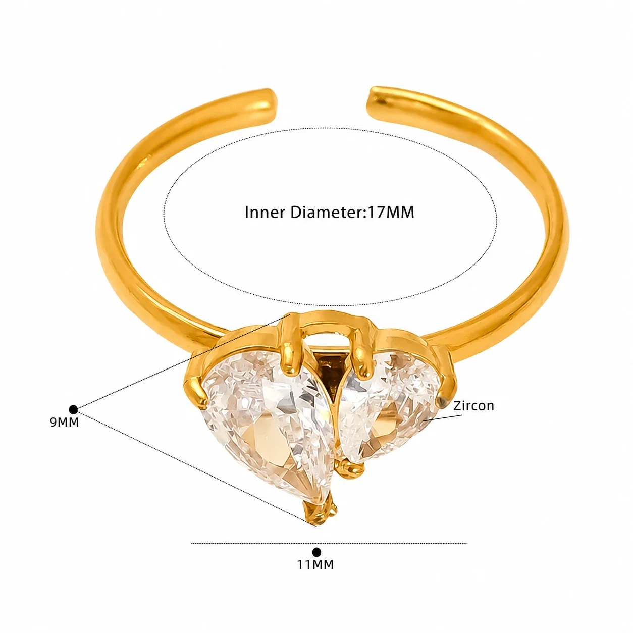 Delicate Gold-Plated Stainless Steel Bow Pear-Cut CZ Ring - Gold Double Heart