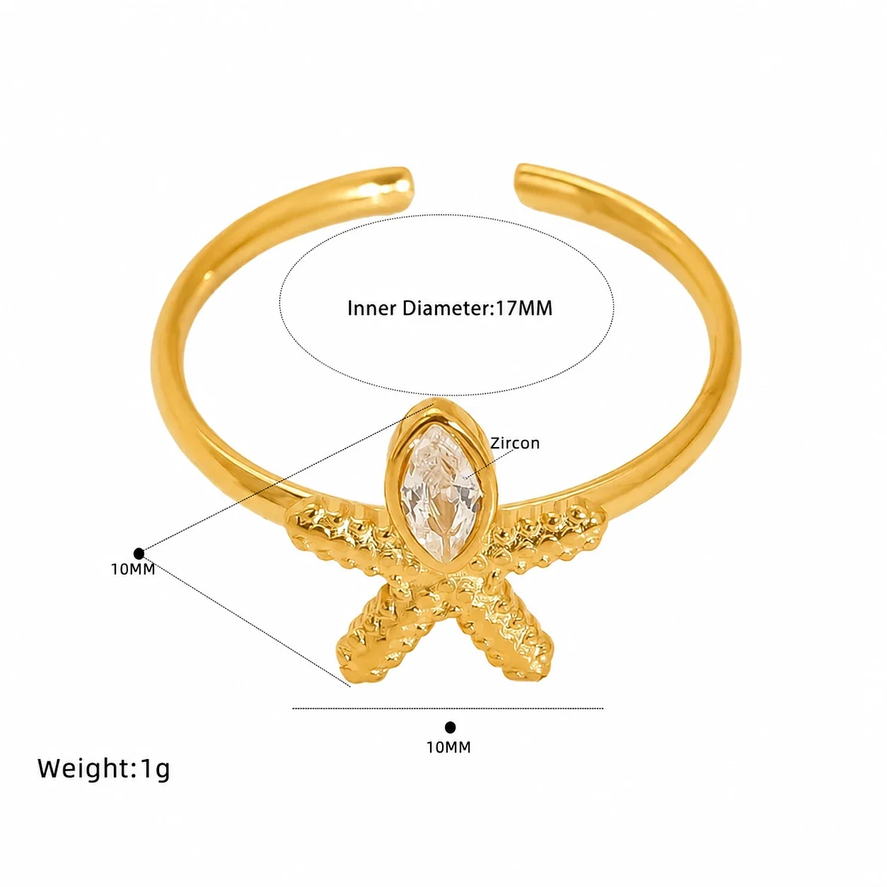 Delicate Gold-Plated Stainless Steel Bow Pear-Cut CZ Ring - Gold Starfish