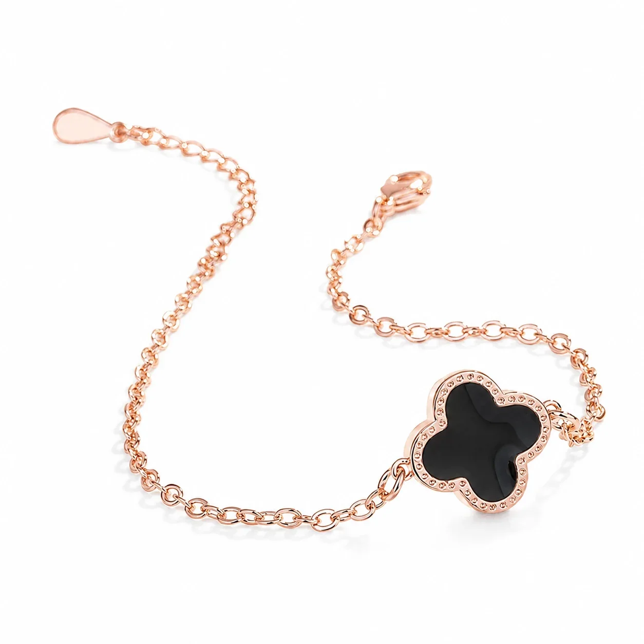 Delicate Rose Gold Clover Anklet with Black Inlay