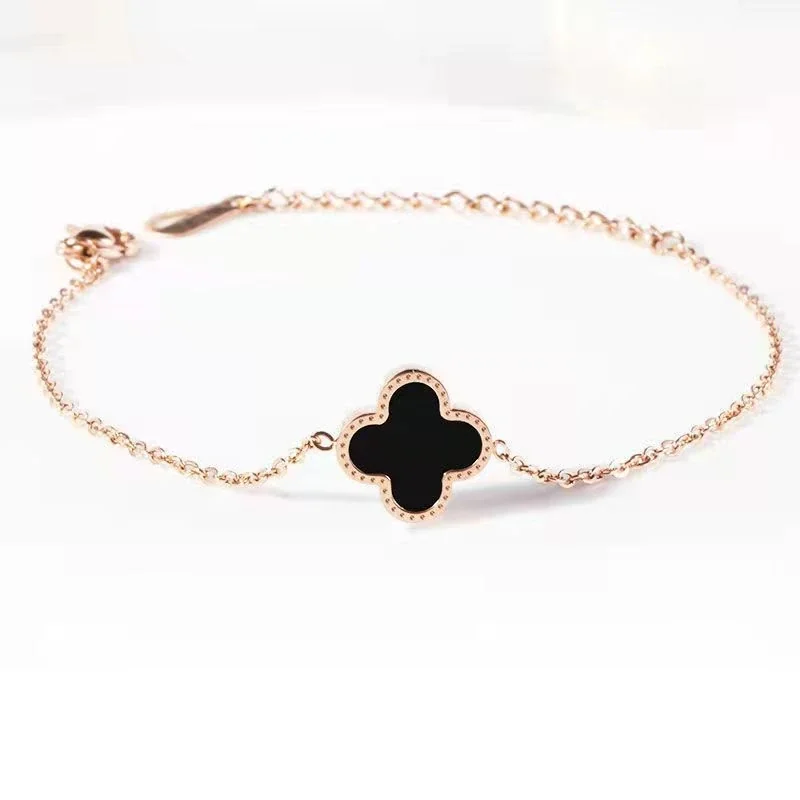 Delicate Rose Gold Clover Anklet with Black Inlay