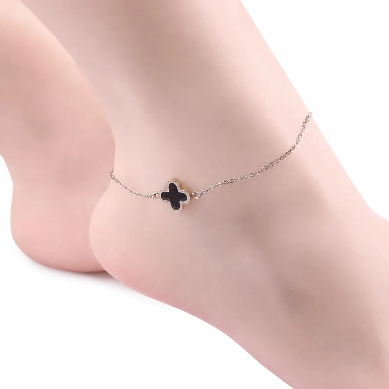 Delicate Rose Gold Clover Anklet with Black Inlay - Rose Gold / Gold / Black