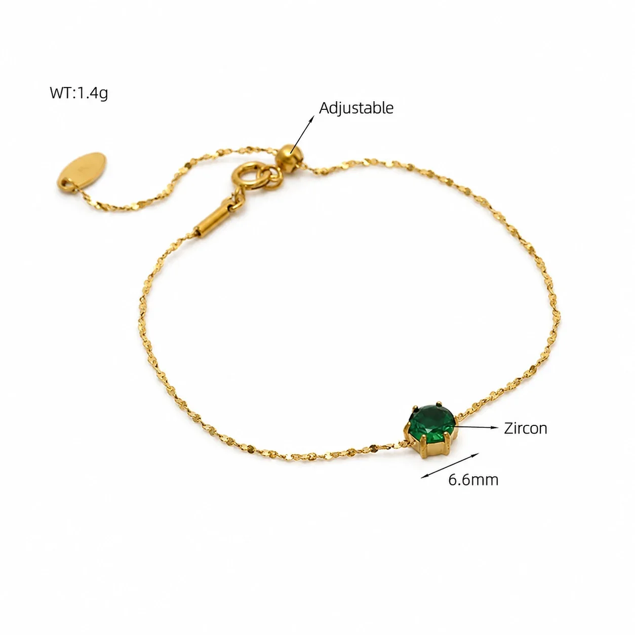 Delicate Gold-Plated 316 Stainless Six-Prong CZ Bracelet - Emerald Green CZ