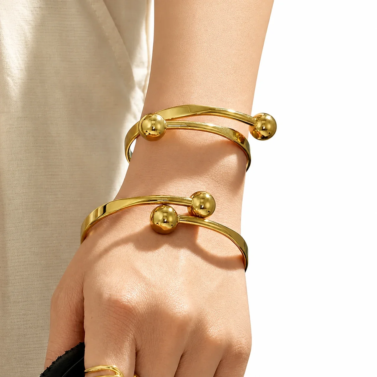 Sculptural Gold-Plated 316L Double Ball Open Cuff