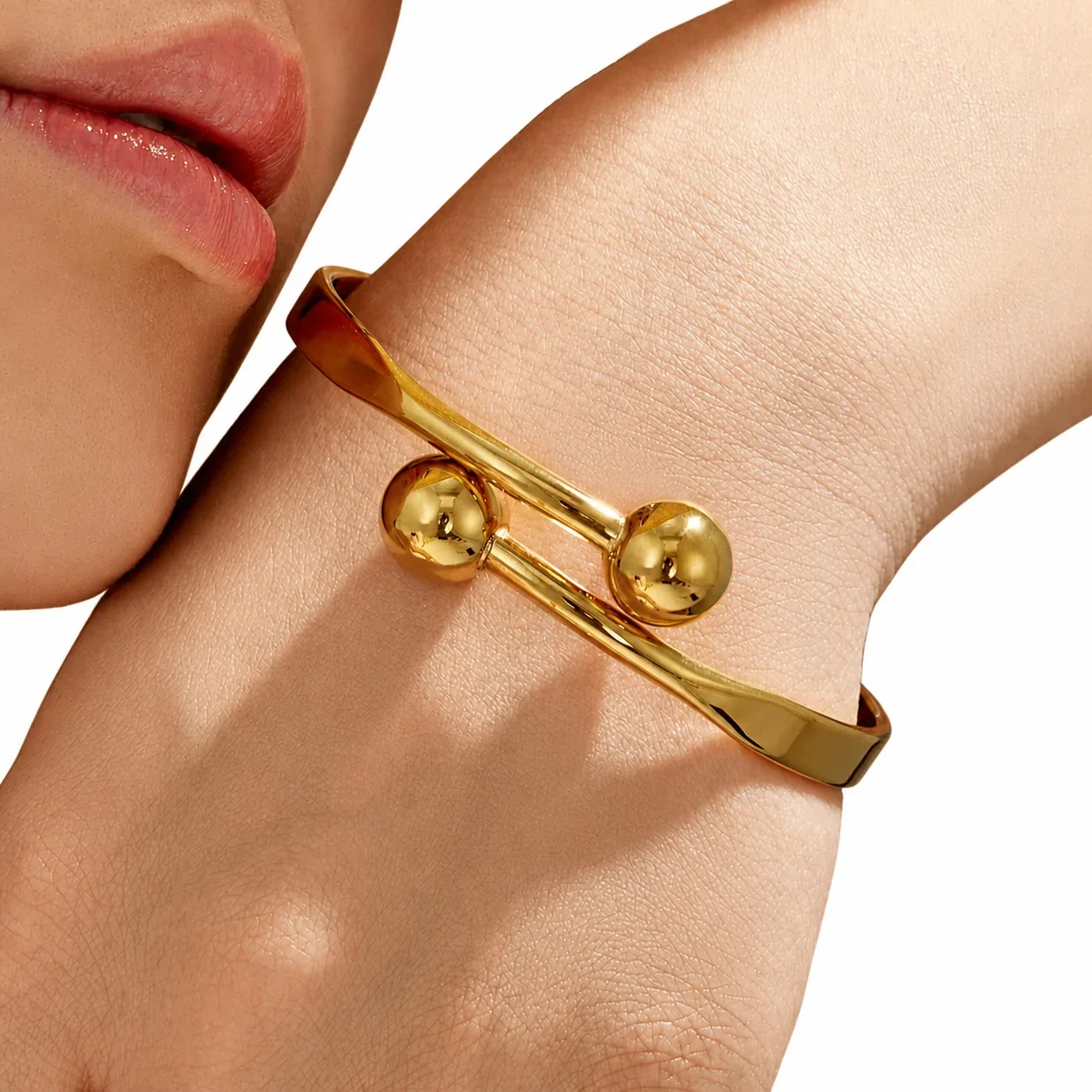 Sculptural Gold-Plated 316L Double Ball Open Cuff