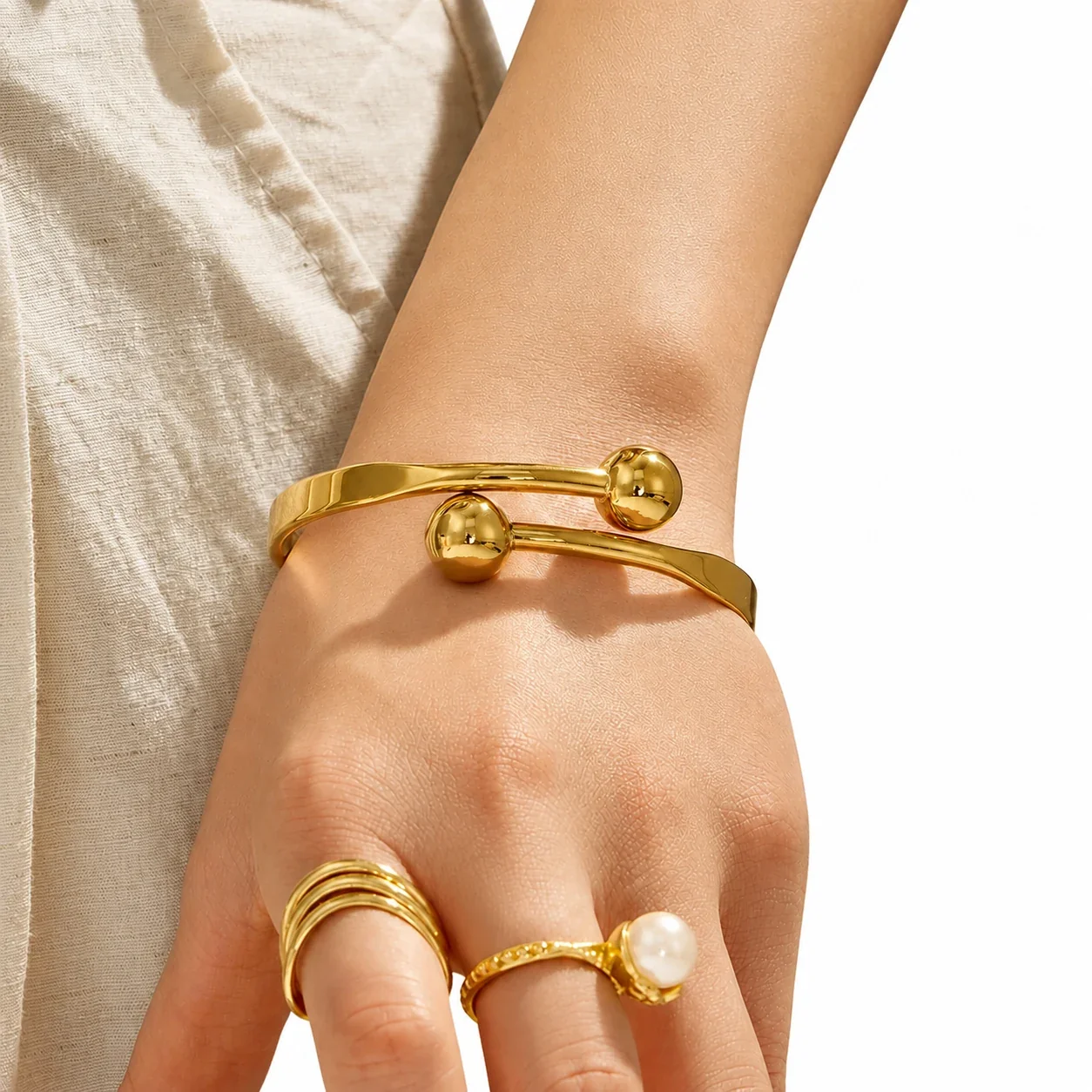 Sculptural Gold-Plated 316L Double Ball Open Cuff