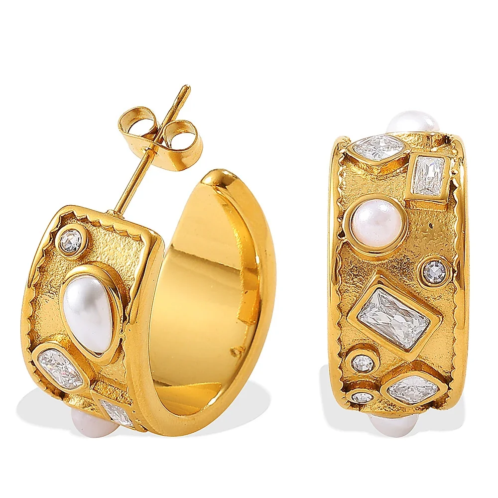Hoop Earrings: Pearl-effect-Effect Beads & Crystals, Stainless Steel