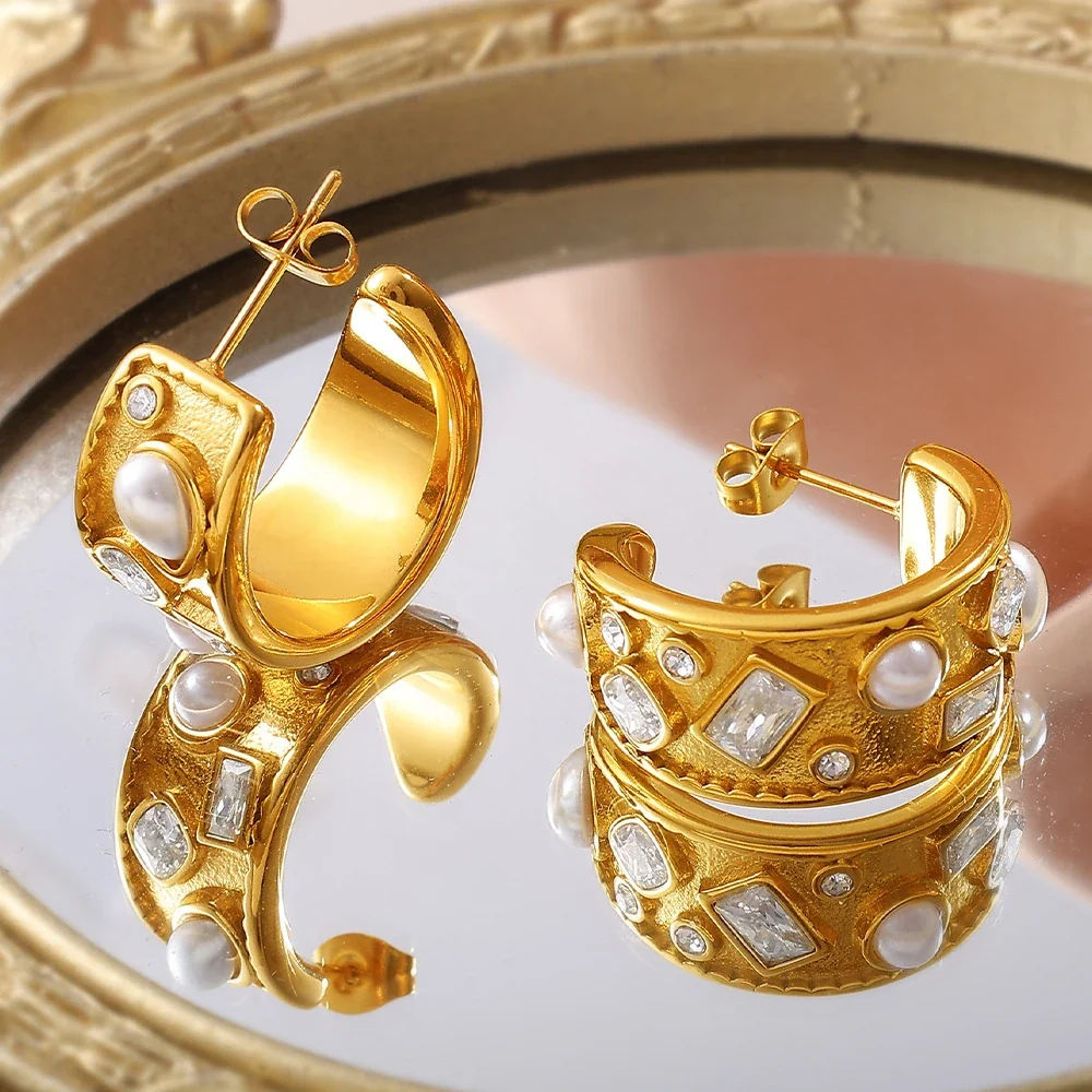 Hoop Earrings: Pearl-effect-Effect Beads & Crystals, Stainless Steel
