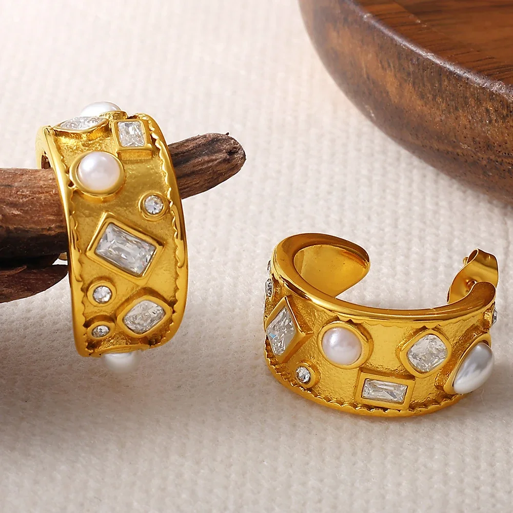 Hoop Earrings: Pearl-effect-Effect Beads & Crystals, Stainless Steel