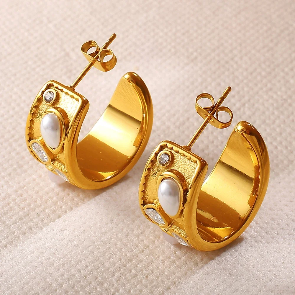 Hoop Earrings: Pearl-effect-Effect Beads & Crystals, Stainless Steel