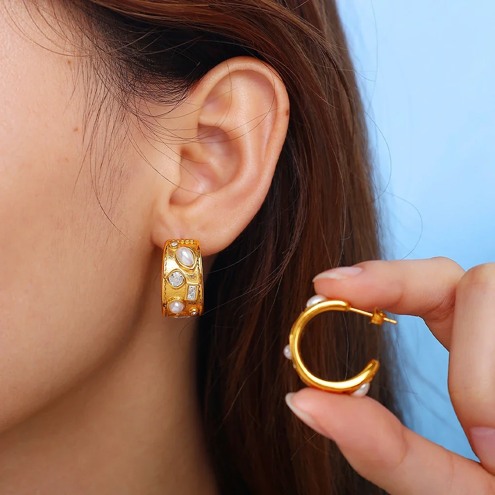 Hoop Earrings: Pearl-effect-Effect Beads & Crystals, Stainless Steel