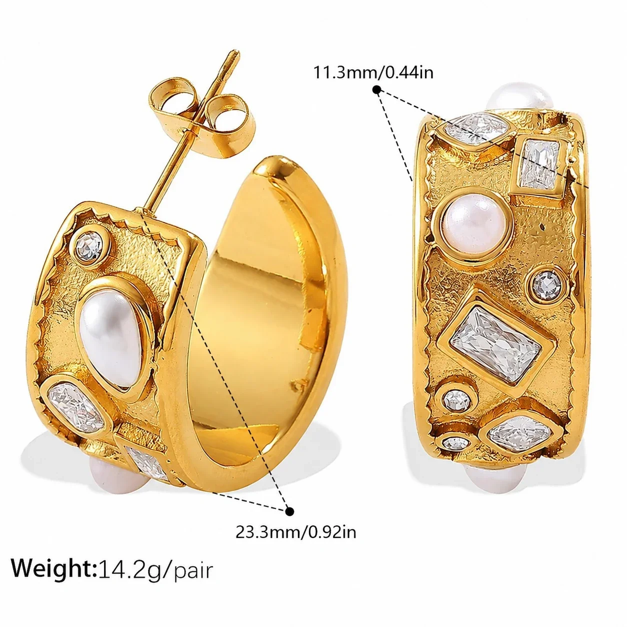 Hoop Earrings: Pearl-effect-Effect Beads & Crystals, Stainless Steel - Gold
