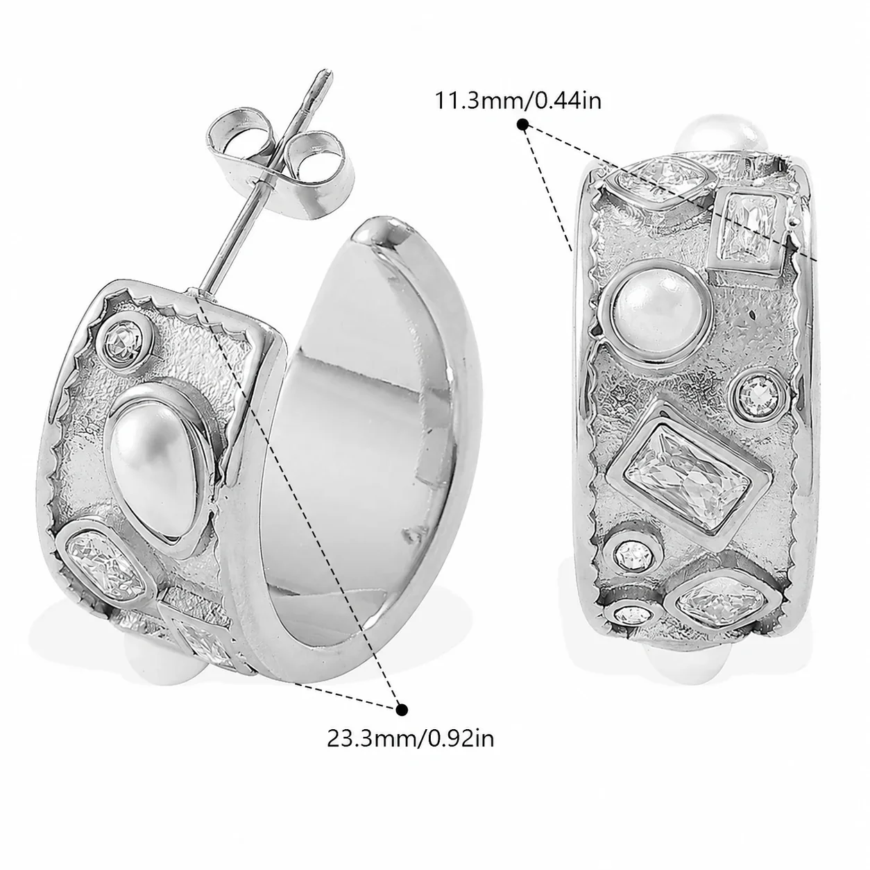 Hoop Earrings: Pearl-effect-Effect Beads & Crystals, Stainless Steel - Silver