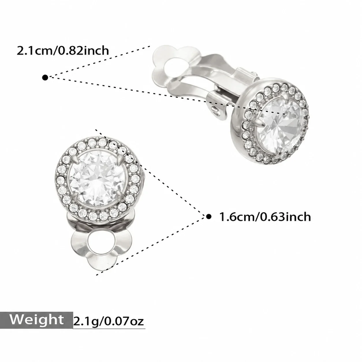 Clip-on oorbellen met ronde CZ-halo van roestvrij staal productfoto
