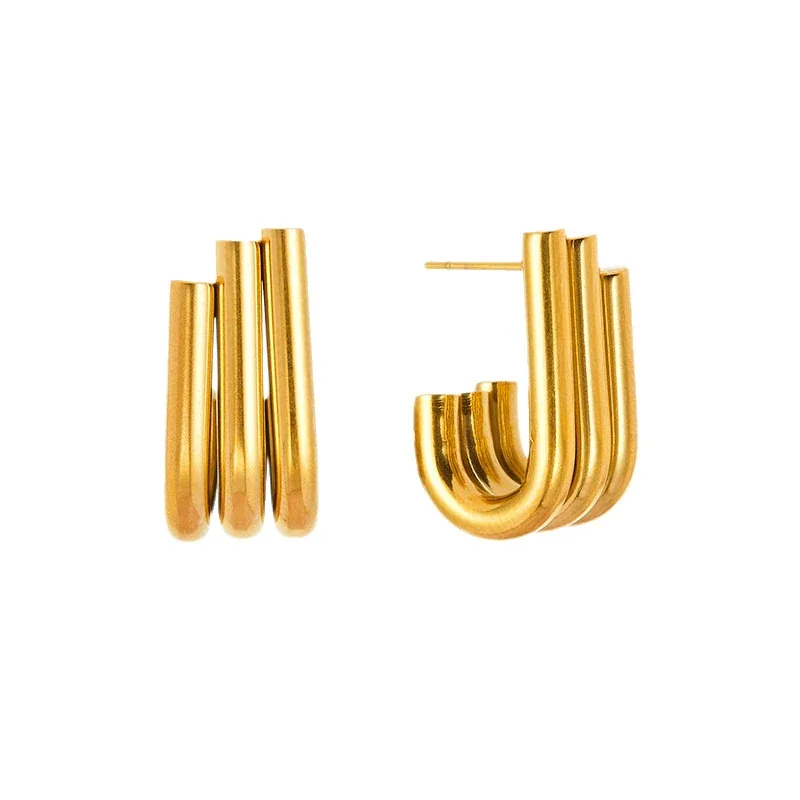 Sculptural Gold-Plated Triple-Line C Hoop Earrings