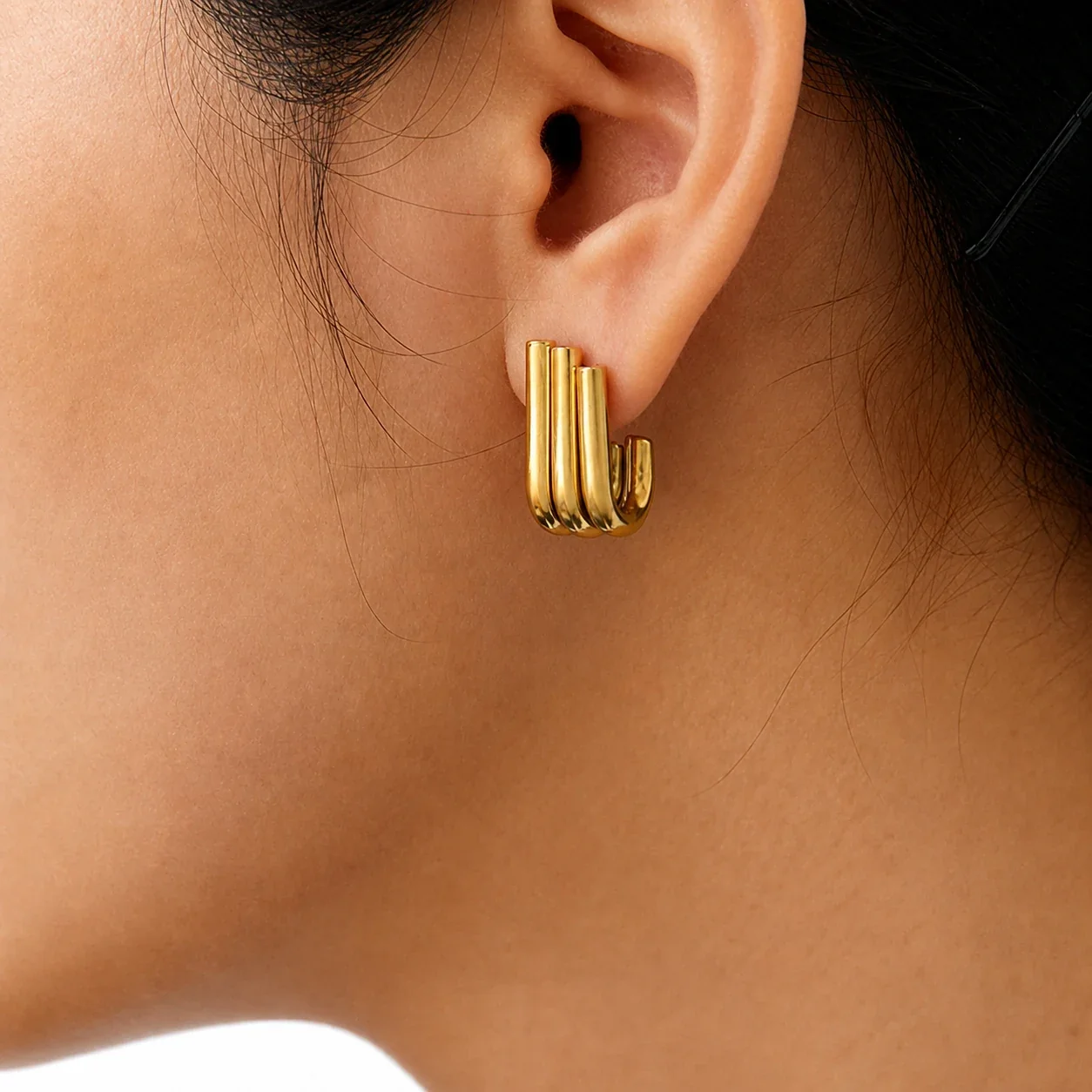 Sculptural Gold-Plated Triple-Line C Hoop Earrings