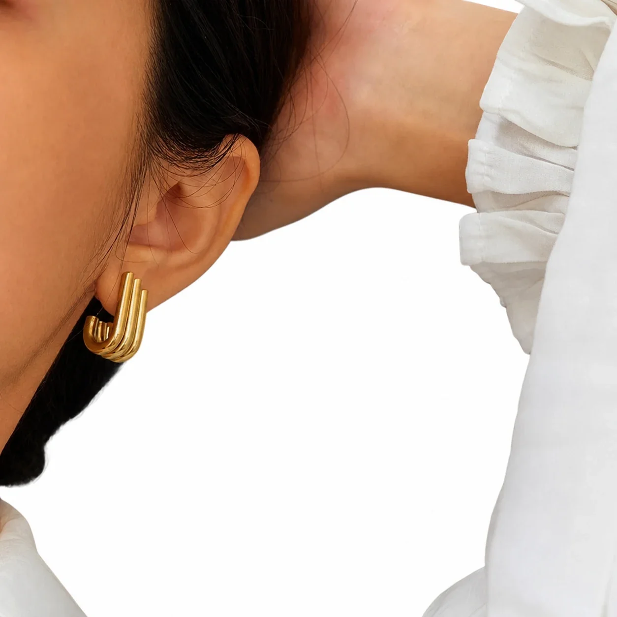 Sculptural Gold-Plated Triple-Line C Hoop Earrings