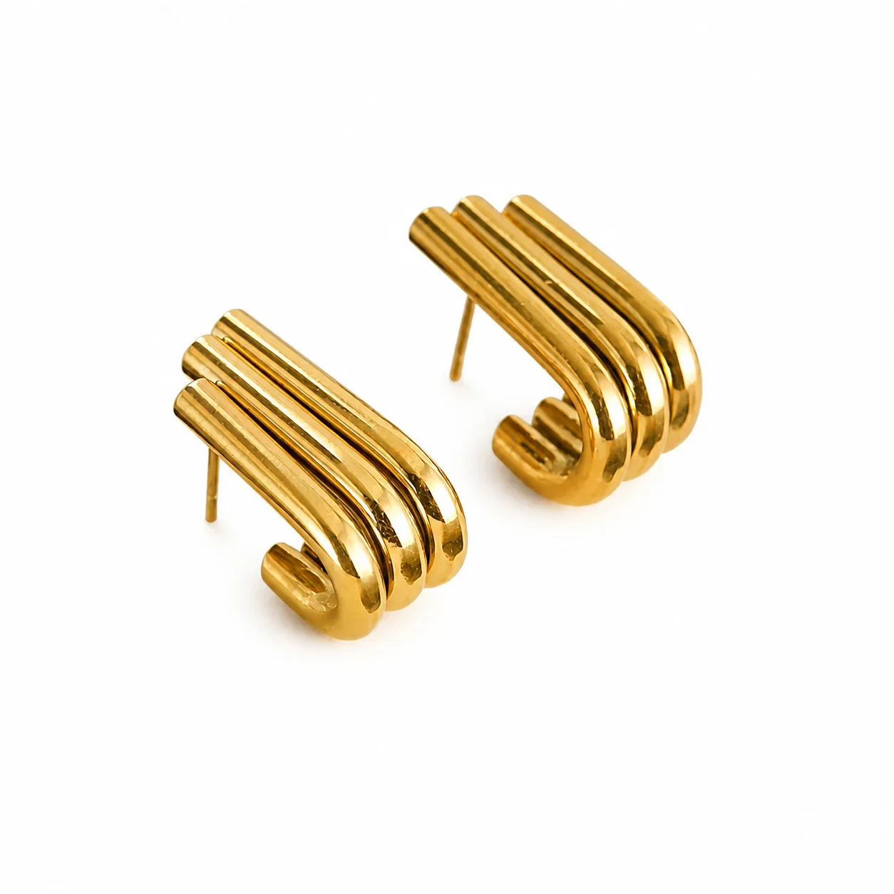 Sculptural Gold-Plated Triple-Line C Hoop Earrings - Gold
