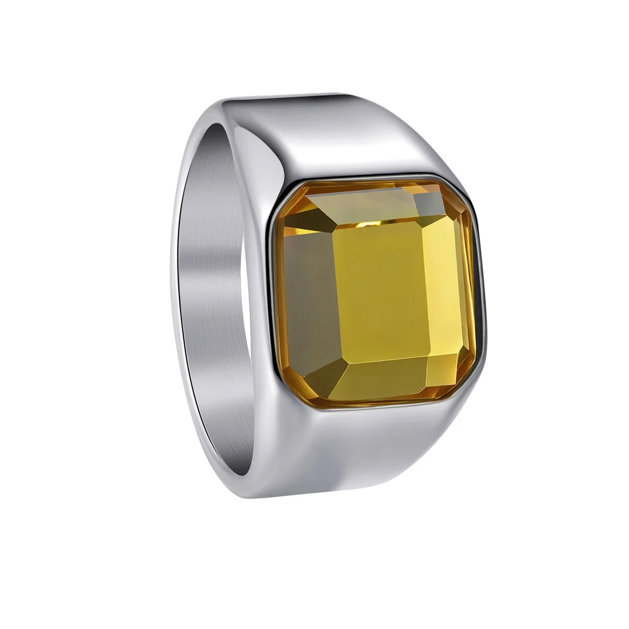Anello chevalier con cristallo giallo taglio smeraldo, acciaio inossidabile 316