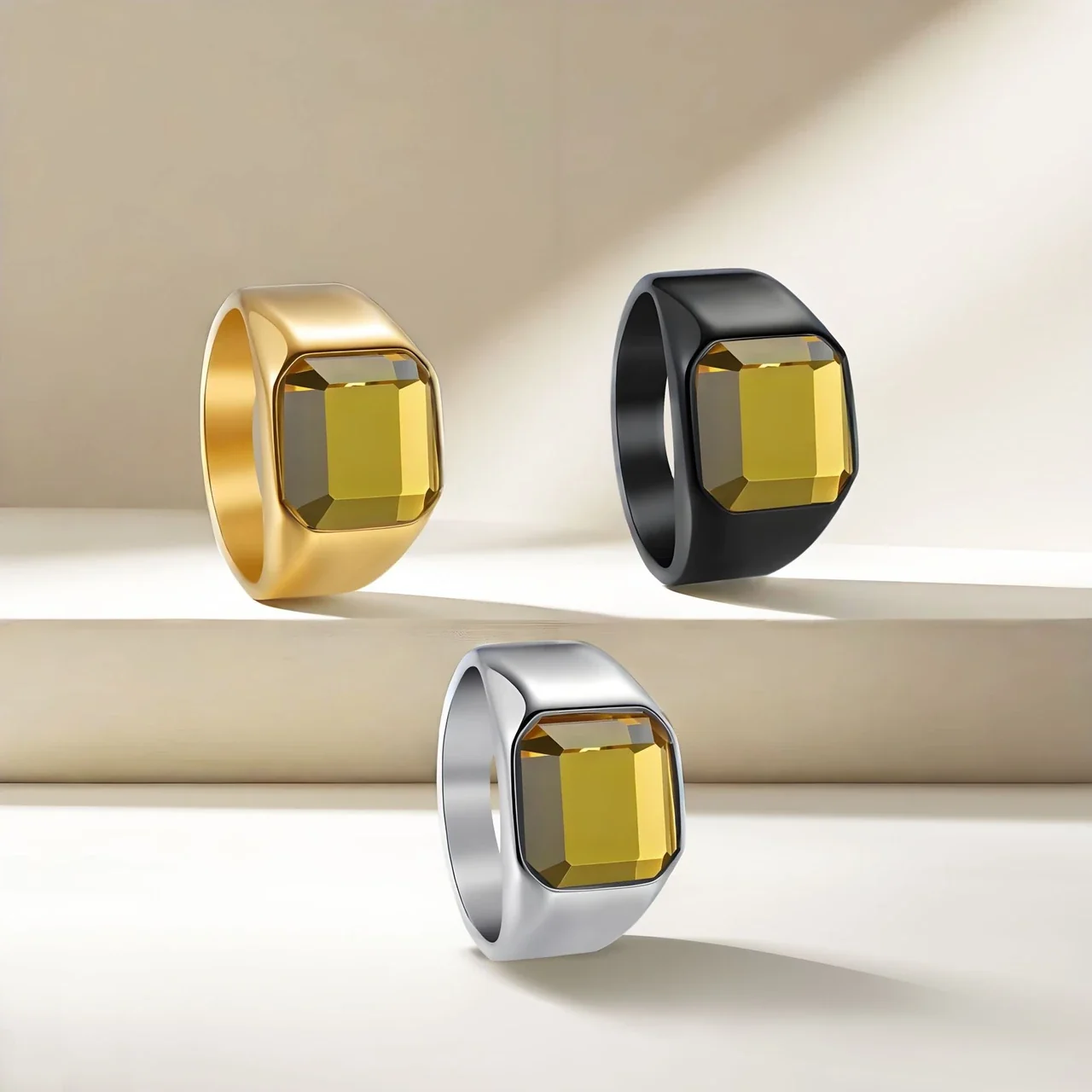 Foto do produto: Anel de sinete com cristal amarelo de lapidação esmeralda, aço inoxidável 316