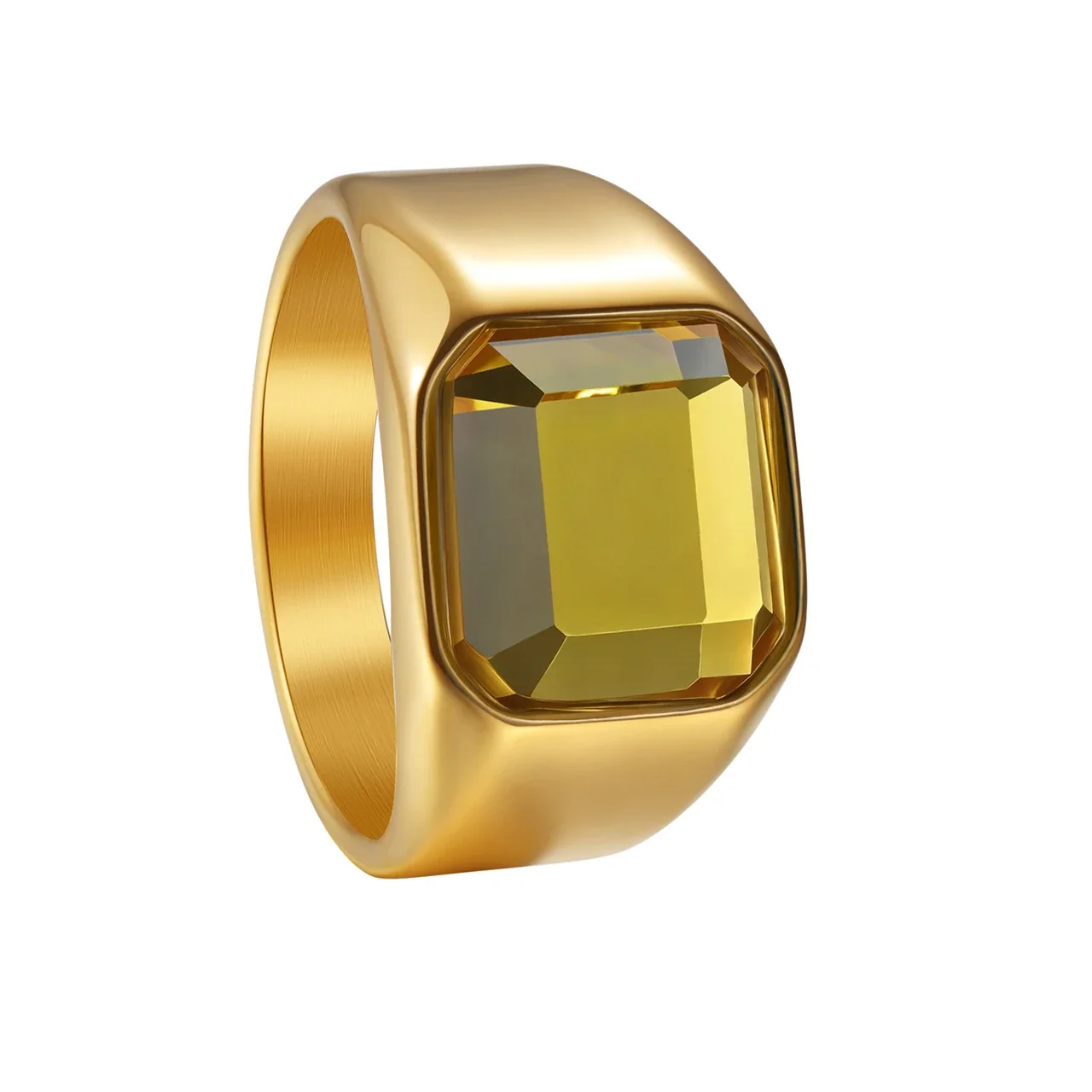 Foto do produto: Anel de sinete com cristal amarelo de lapidação esmeralda, aço inoxidável 316