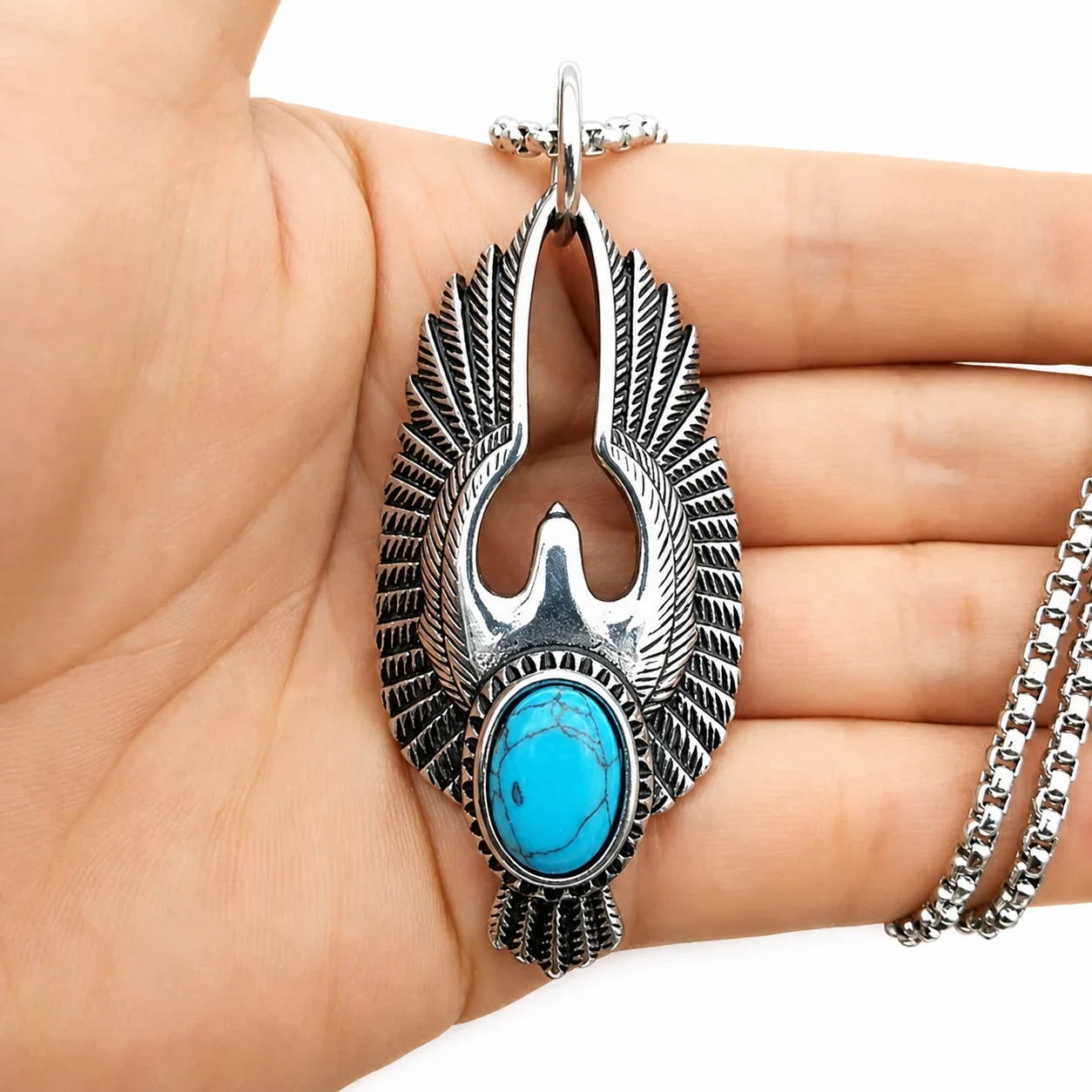 Winged Eagle 316 Stainless Steel Oval Turquoise Pendant
