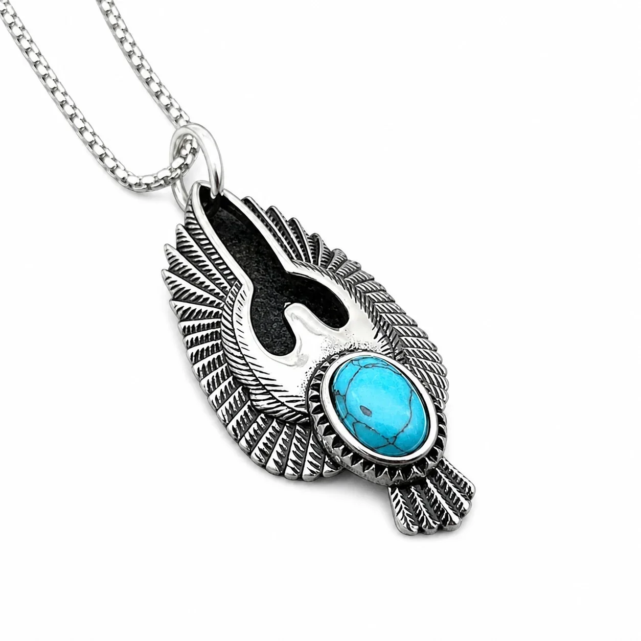 Winged Eagle 316 Stainless Steel Oval Turquoise Pendant - Silver